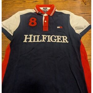 Tommy Hilfiger Custom Fit‎ Rugby Style Polo Shirt Red and Navy Size Large